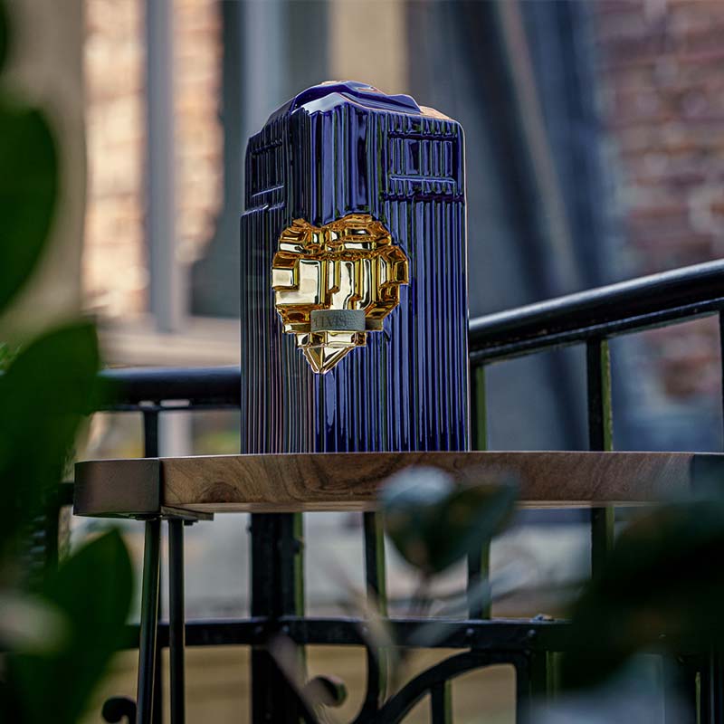 Heart Cremation Urn for Ashes Metallic Blue and Gold On Outside Far View