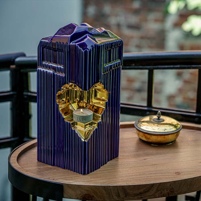 Heart Cremation Urn for Ashes Metallic Blue and Gold Outside on Table