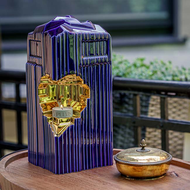 Heart Cremation Urn for Ashes Metallic Blue and Gold Outside