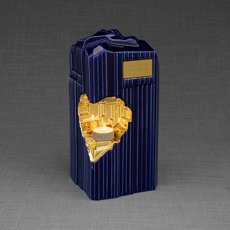Heart Cremation Urn for Ashes Metallic Blue and Gold Right View Candle Light