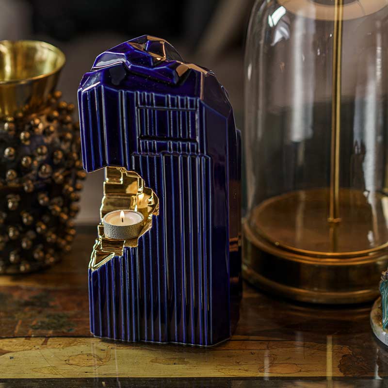 Heart Cremation Urn for Ashes Metallic Blue and Gold Under Lamp Side View