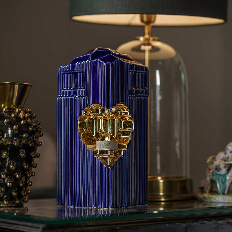 Heart Cremation Urn for Ashes Metallic Blue and Gold Under Lamp