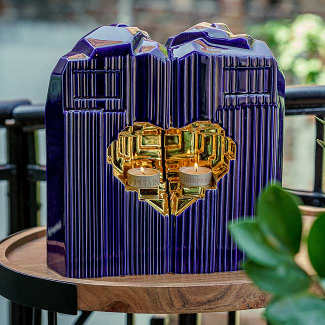 Heart Cremation Urn for Ashes Metallic Blue and Gold with Companion Outside
