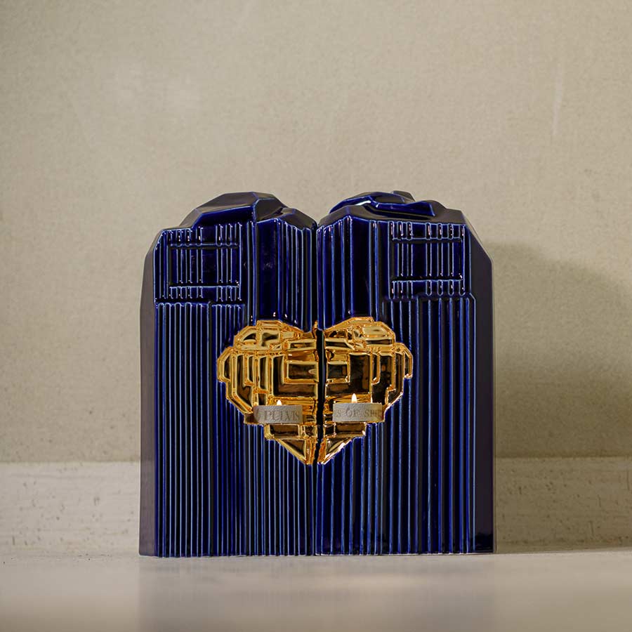 Heart Cremation Urn for Ashes Metallic Blue and Gold with Companion by Wall Together