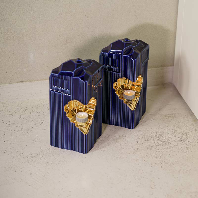Heart Cremation Urn for Ashes Metallic Blue and Gold with Companion by Wall Top View