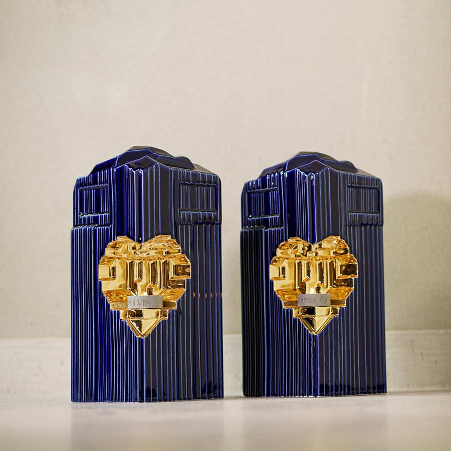 Heart Cremation Urn for Ashes Metallic Blue and Gold with Companion by Wall