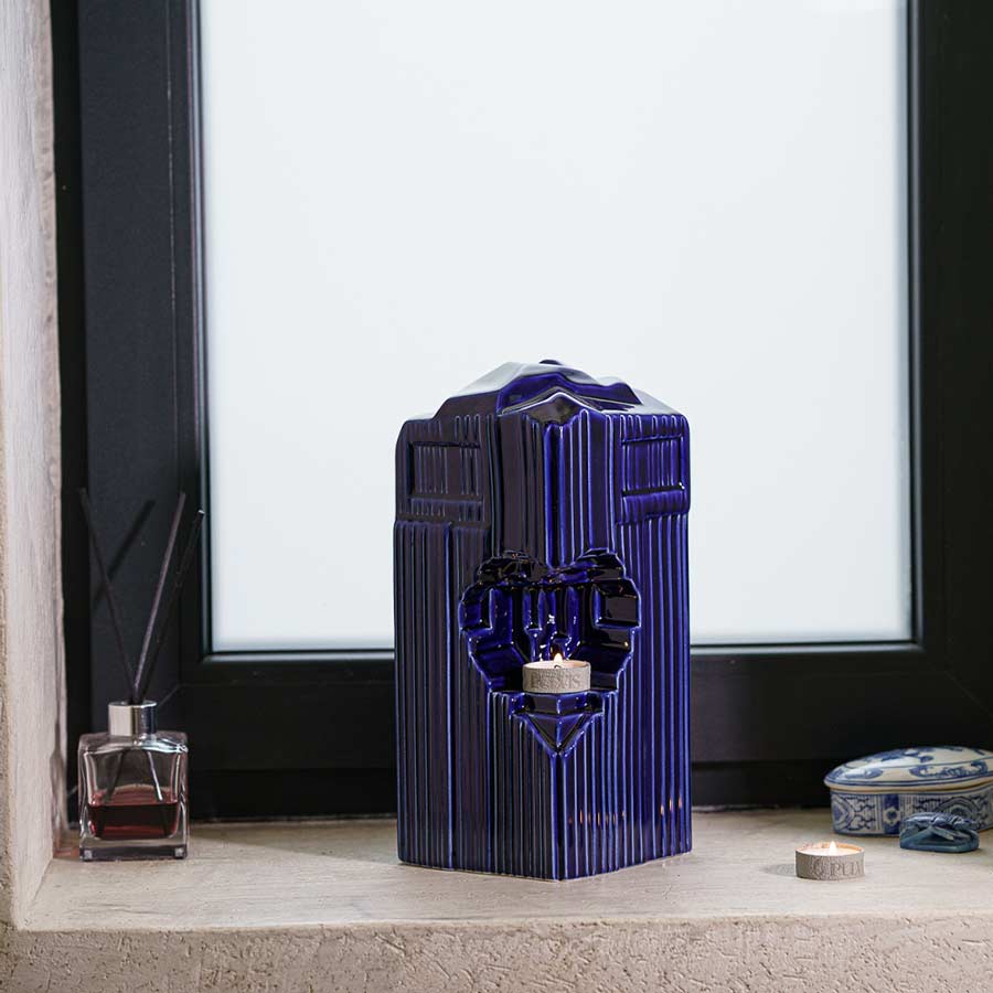 Heart Cremation Urn for Ashes Metallic Blue by Window