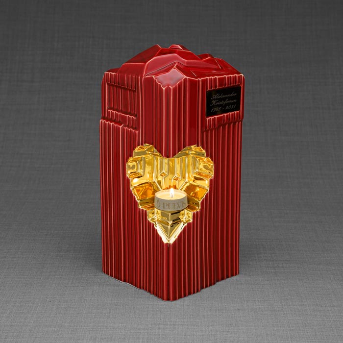 Heart Cremation Urn for Ashes Red and Gold Front View