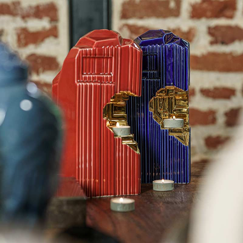 Heart Cremation Urn for Ashes Red with Metallic Blue and Gold Side View