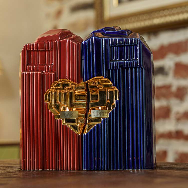 Heart Cremation Urn for Ashes Red with Metallic Blue and Gold on Table