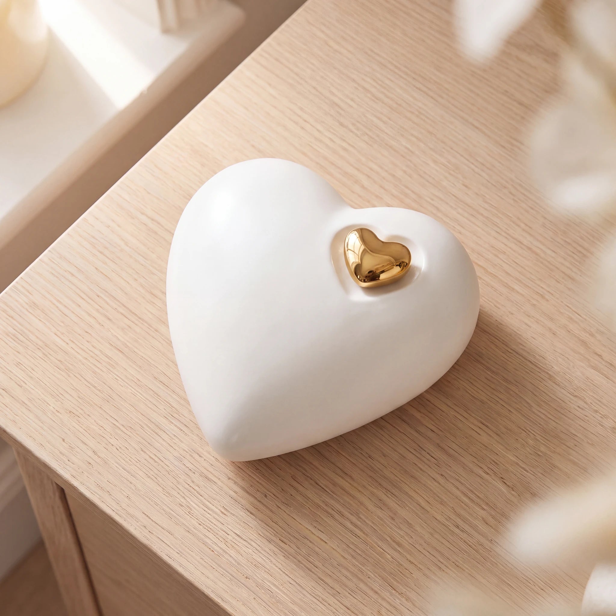 Heart-Medium-Urn-for-Ashes-in-White-and-Gold-On-Oak