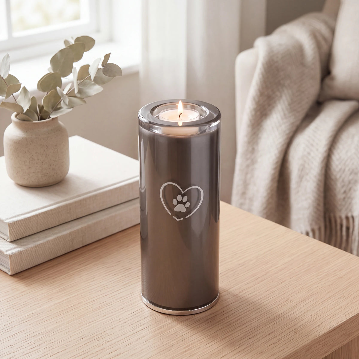 Heart-Pawprint-Crystal-Pet-Candle-Urn-for-Ashes-in-Graphite-Medium-On-Oak