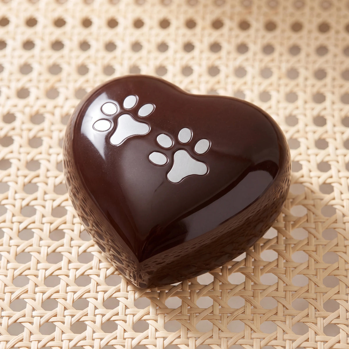 Heart-Pawprints-Pet-Keepsake-Urn-for-Ashes-in-Dark-Brown-Silver-heart_cane_above