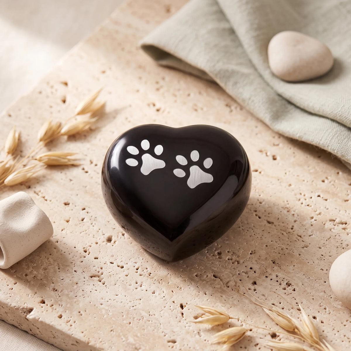 Heart-Pawprints-Pet-Keepsake-Urn-for-Ashes-in-Graphite-Silver-On-Travertine