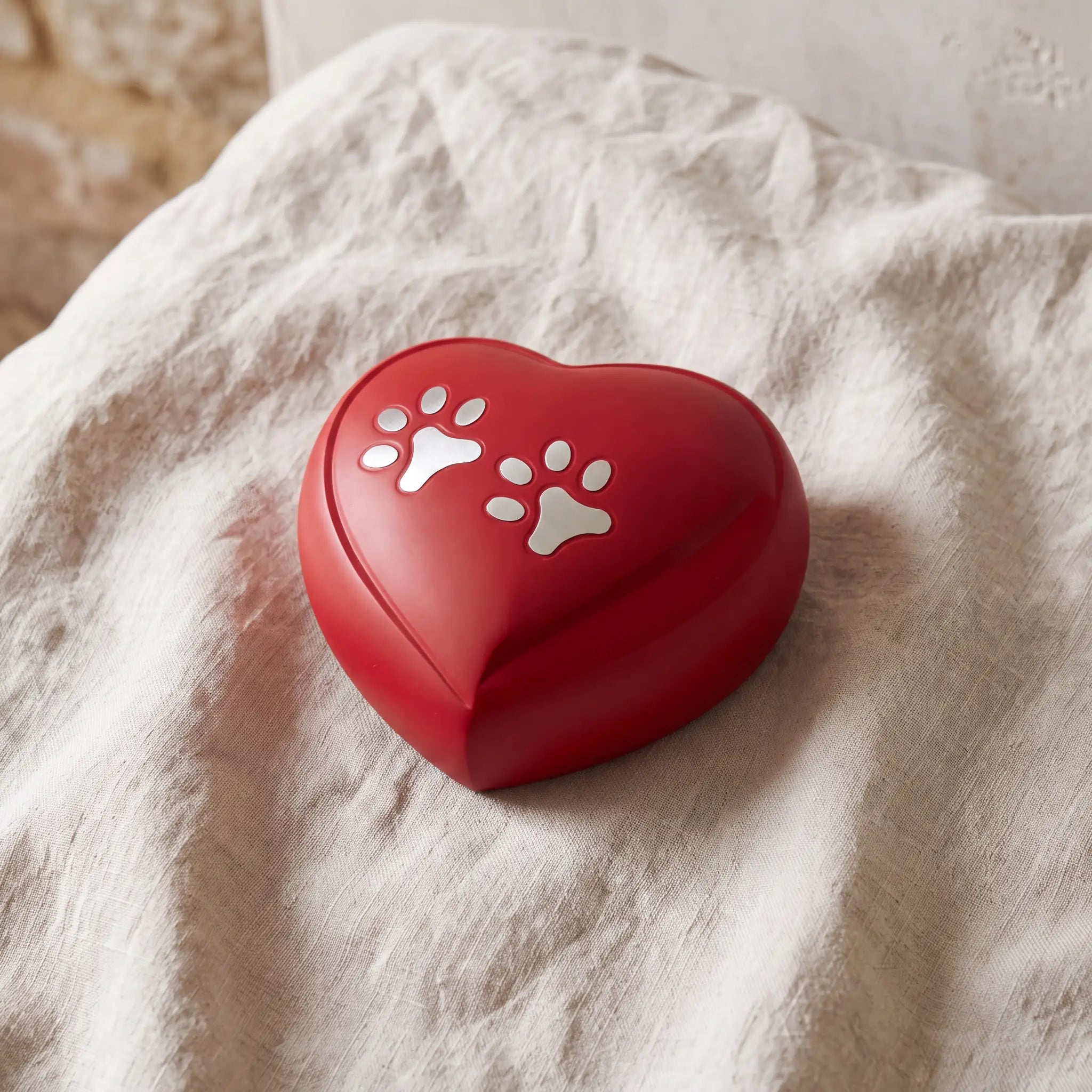 Heart-Pawprints-Pet-Urn-for-Ashes-in-Red-Gold-On-Linen