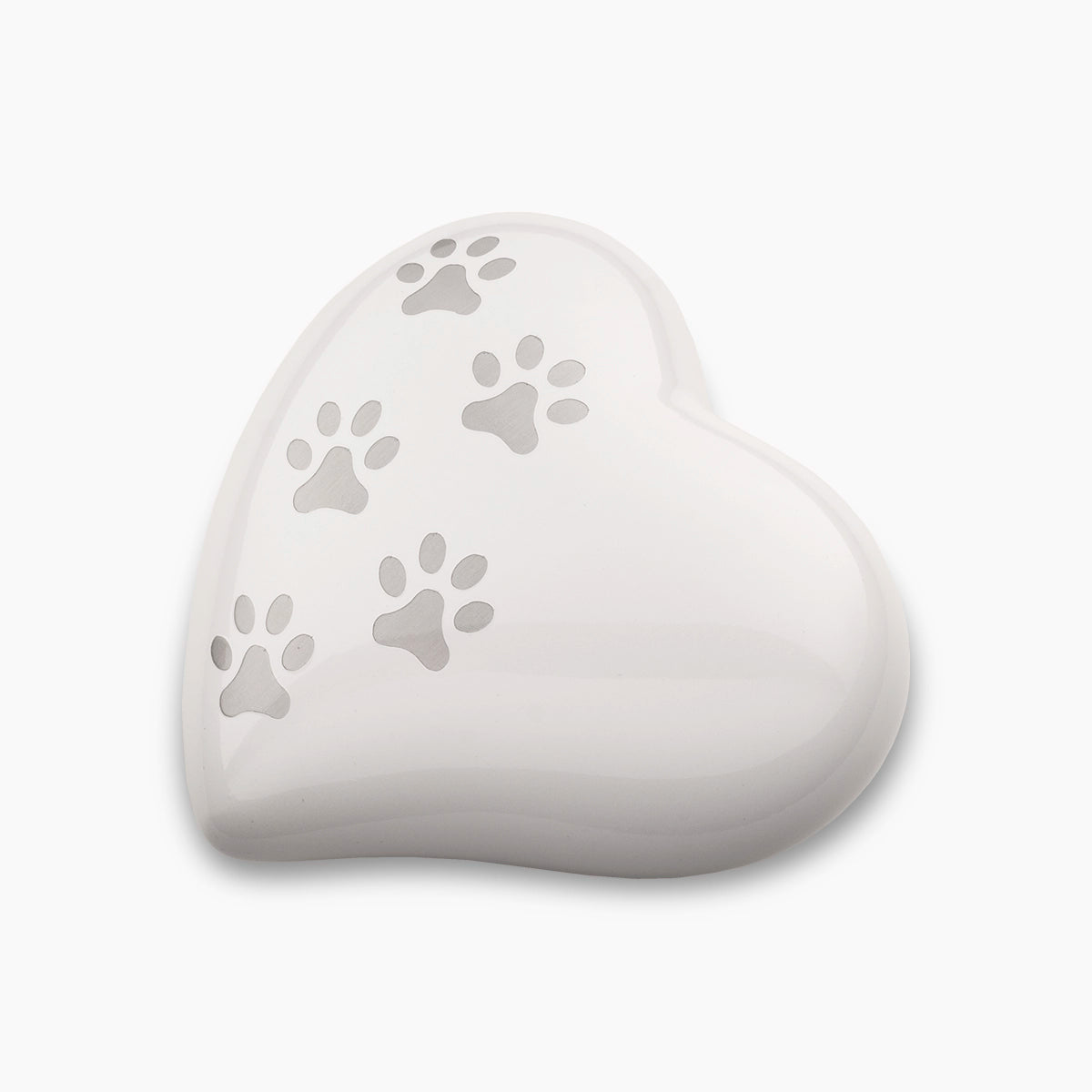 Heart Pawprints Pet Urn for Ashes in White and Silver Medium