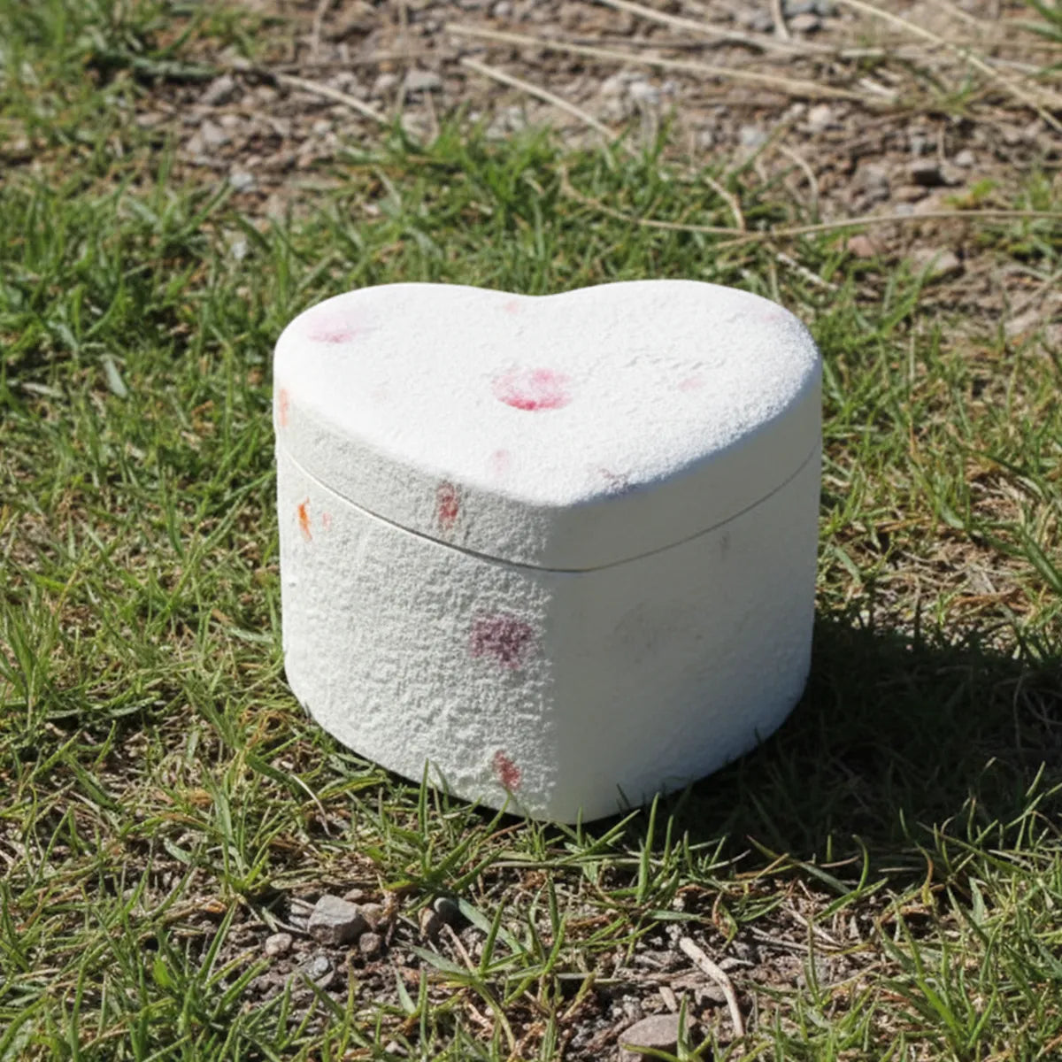 Heart Shaped Biodegradable Adult Cremation Urn for Ashes Outside on The Grass in Sunglight