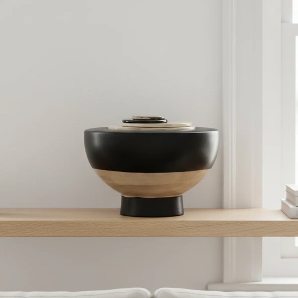 Hemisphere Adult Cremation Urn For Ashes on Shelf Close Up in Liveing Room