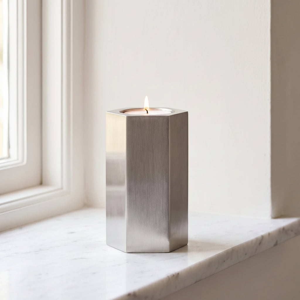 Hexagon-Candle-Extra-Small-Urn-for-Ashes-in-Stainless-Steel-Marble-Ledge