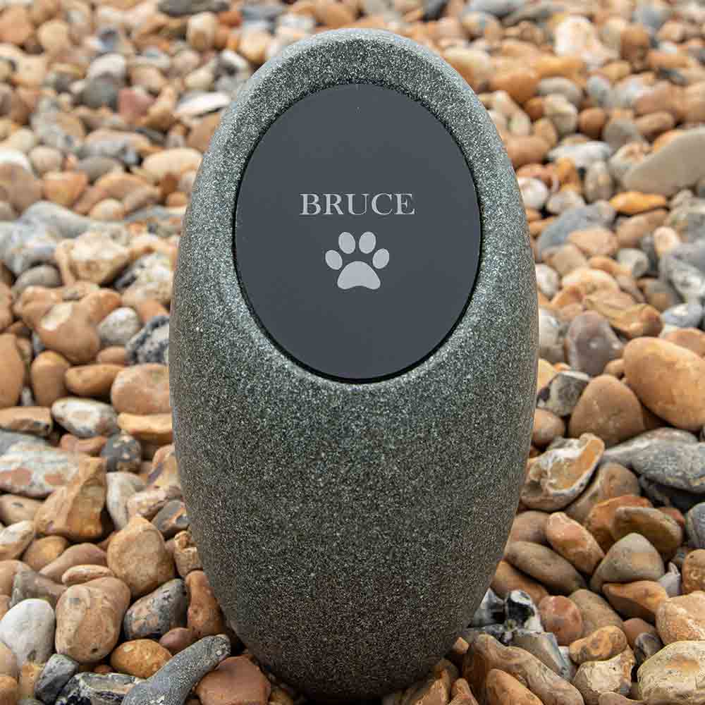 HighDown Outdoor Urn for Ashes with Plaque Black Perspex on Pebbles Close