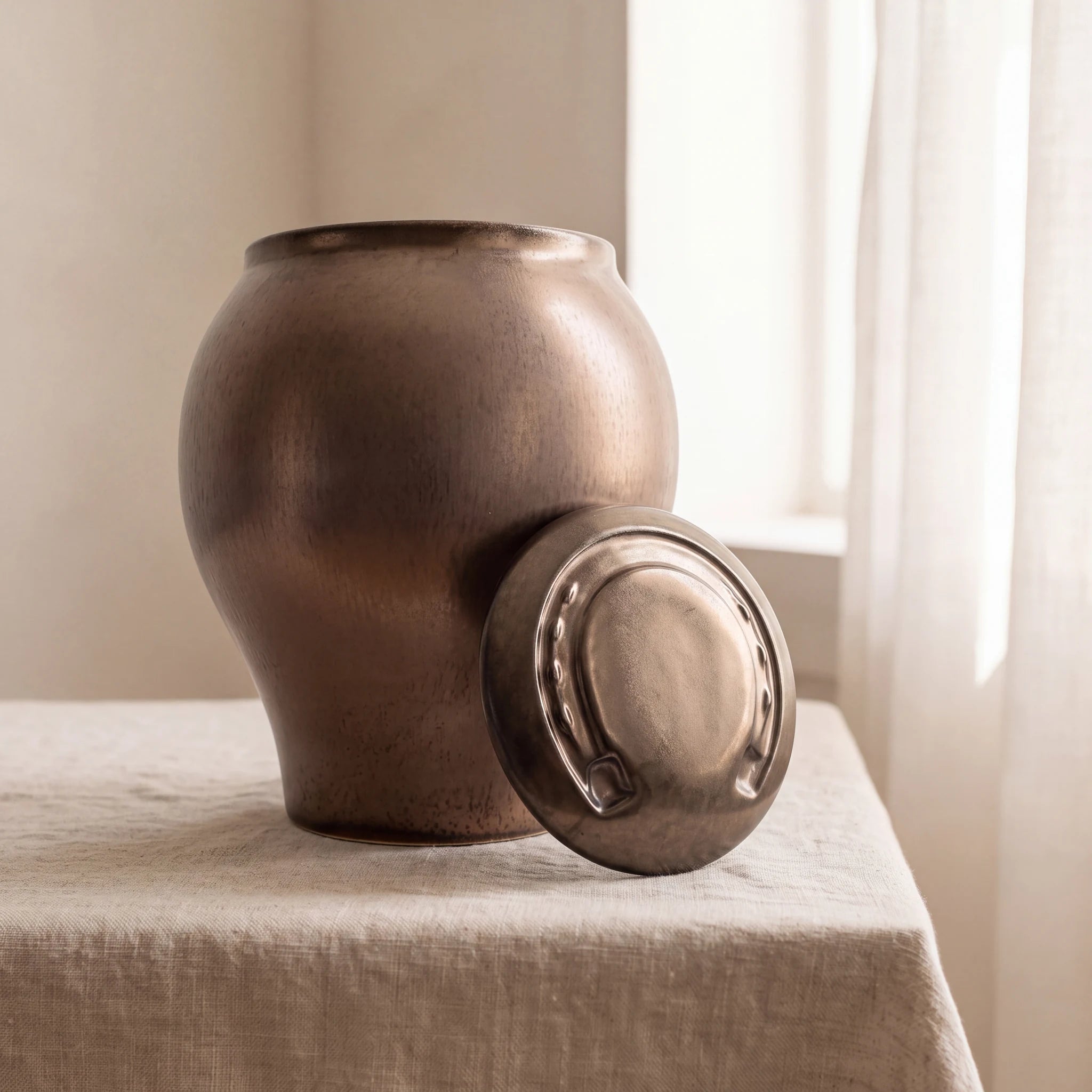 Horse-Cremation-Urn-for-Ashes-in-Antic-Gold-Linen-Table