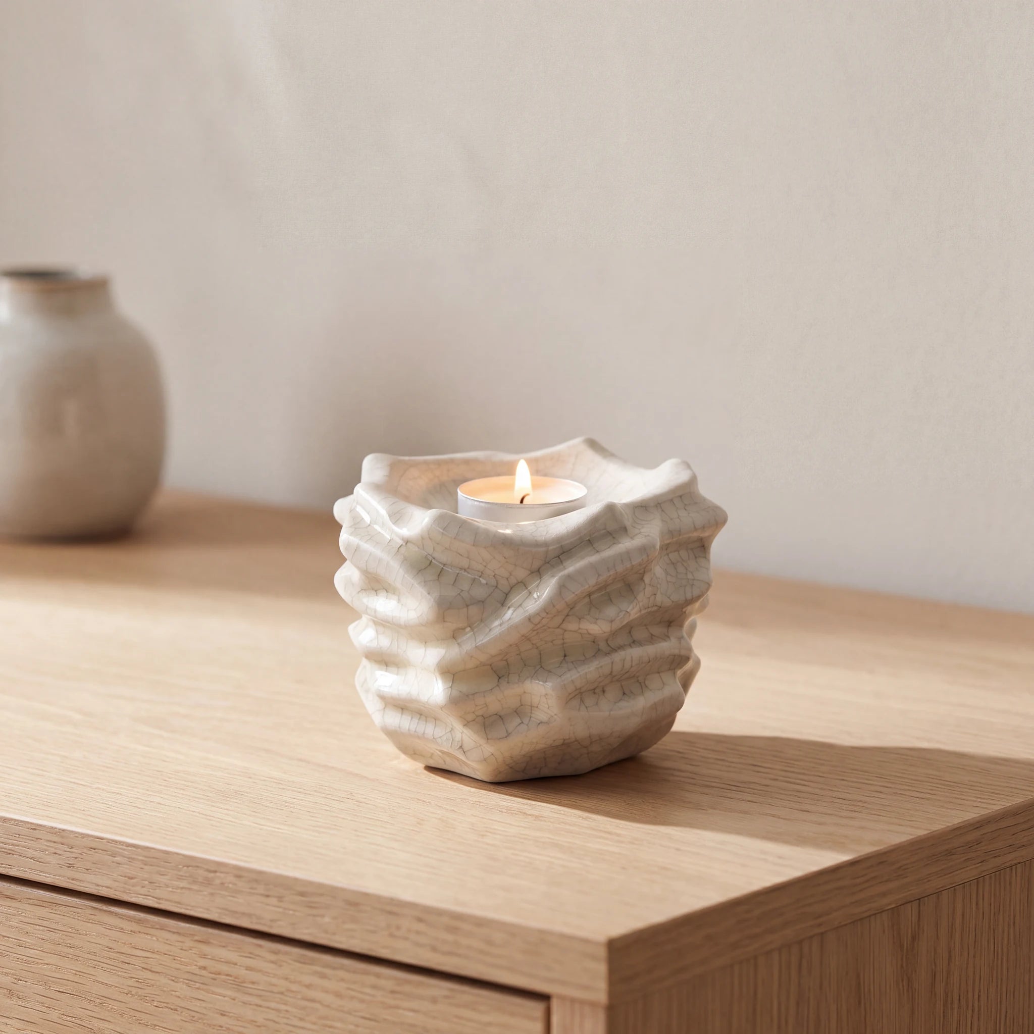 Illumination-Candle-Small-Urn-for-Ashes-in-Crackle-Glaze-Oak-Console