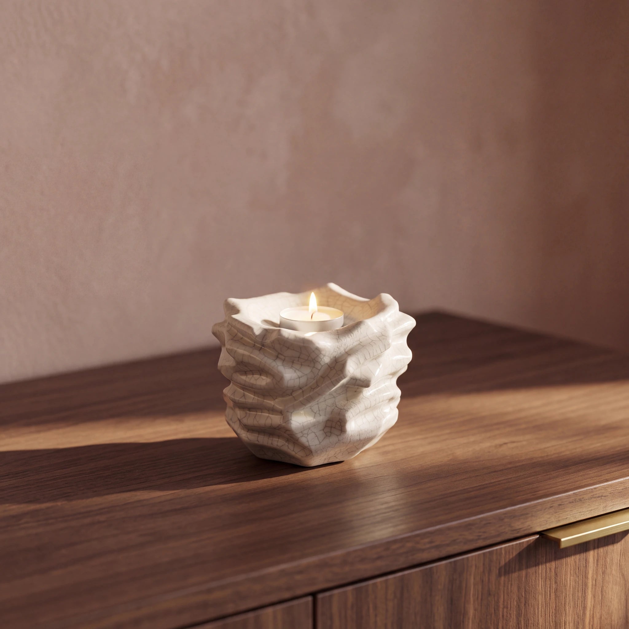 Illumination-Candle-Small-Urn-for-Ashes-in-Crackle-Glaze-Walnut-Sideboard