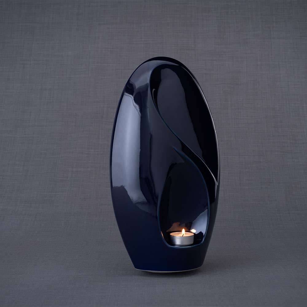 Infinity Cremation Urn for Ashes in Metallic Blue Left Turn