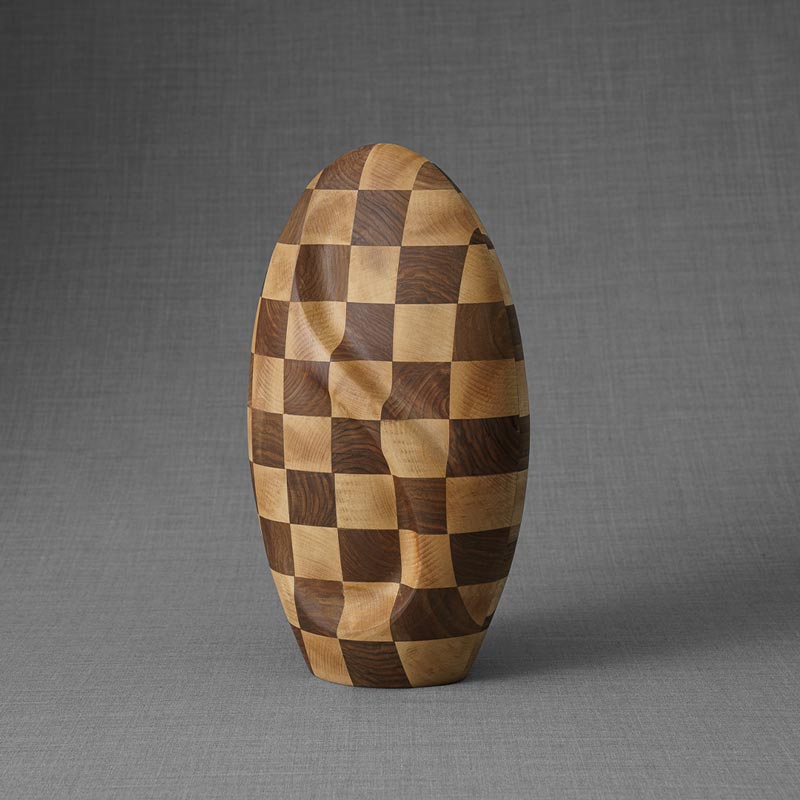 Infinity Wooden Adult Urn for Ashes Chequered Walnut and Beech Wood Front View Right View_d bfd a ba a