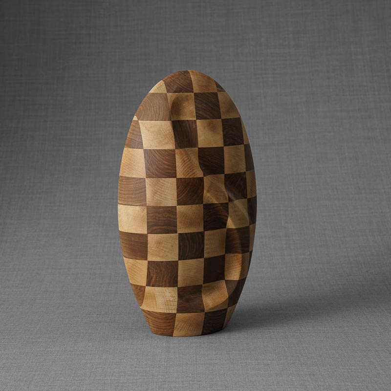 Infinity Wooden Adult Urn for Ashes Chequered Walnut and Beech Wood Left View_ccf   bcbe bfebe