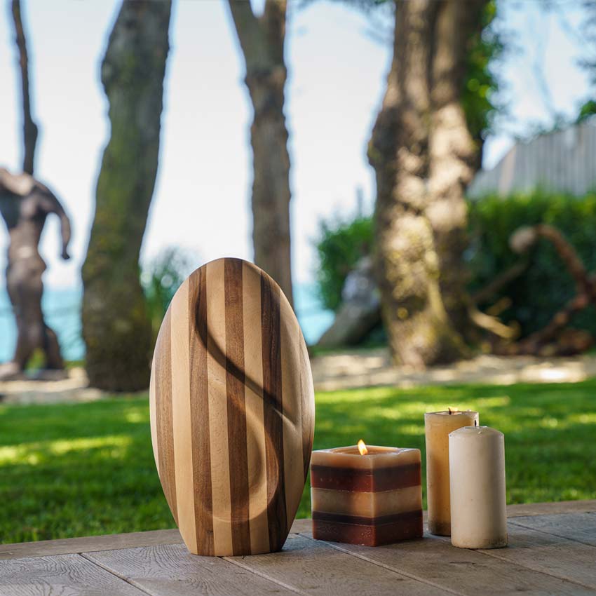 Infinity Wooden Adult Urn for Ashes Striped Walnut and Beech Wood in Garden