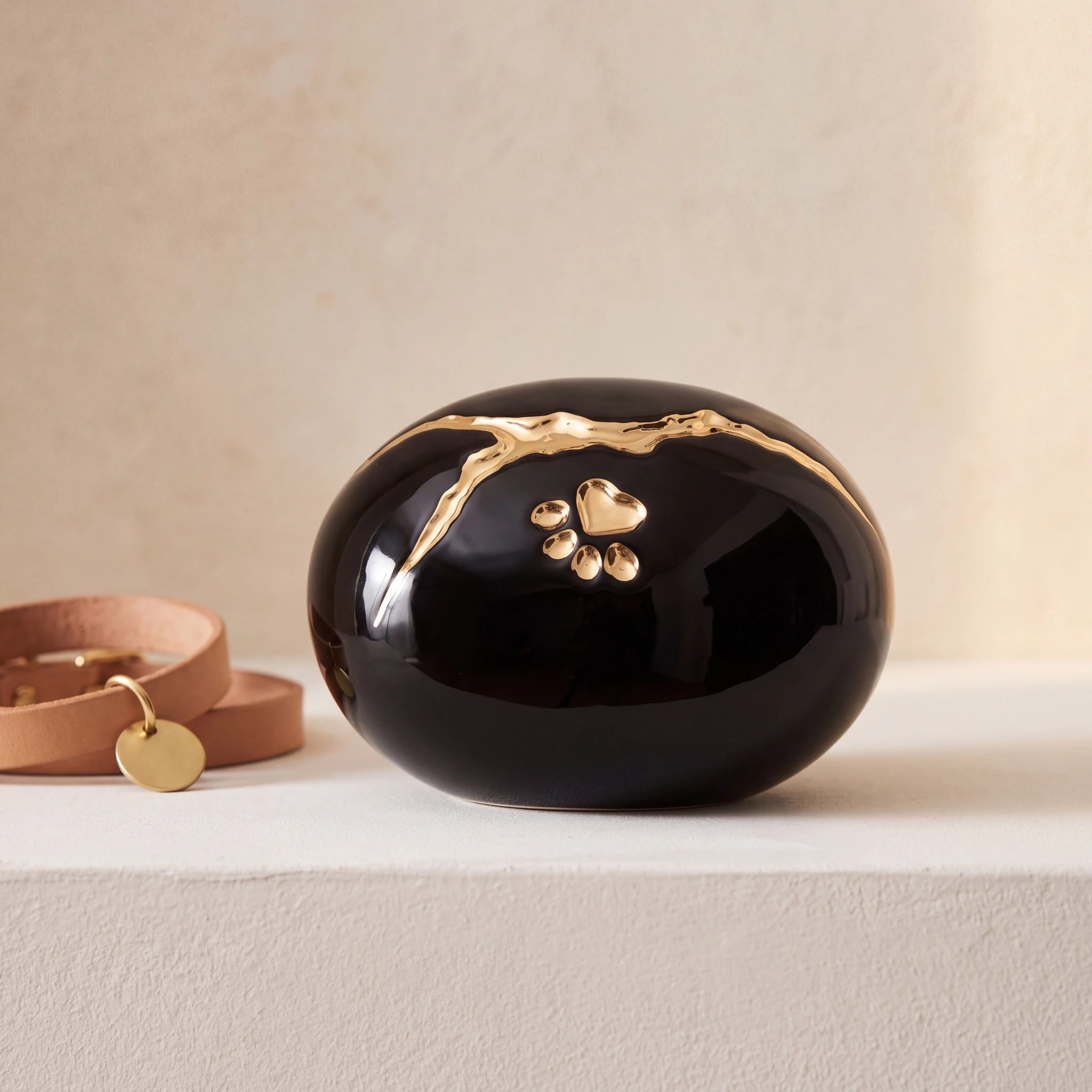 Kintsugi-Pawprint-Pet-Urn-for-Ashes-in-Onyx-Gold-pet_collar_ledge