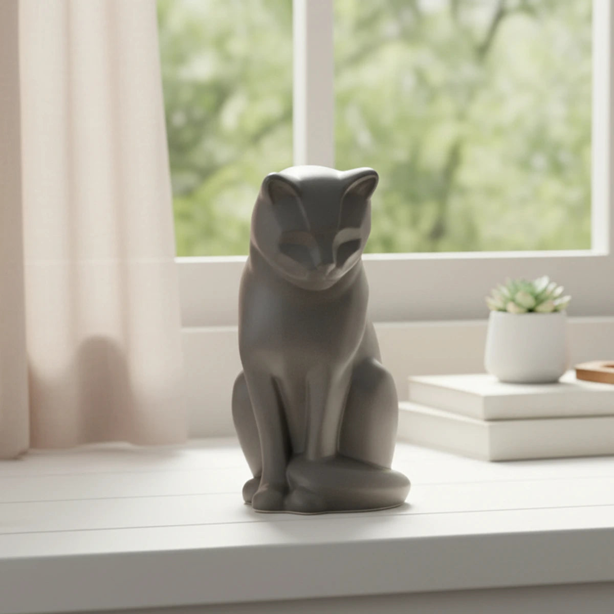 Kitten Urn For Ashes Matte Grey by Window Bright Light