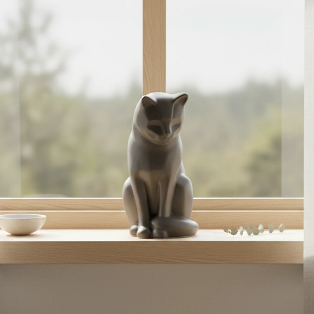 Kitten Urn For Ashes Matte Grey by Window