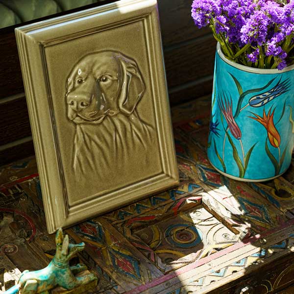 Labrador Dog Urn For Pet Ashes Dark Sand Purple Flowers Side View