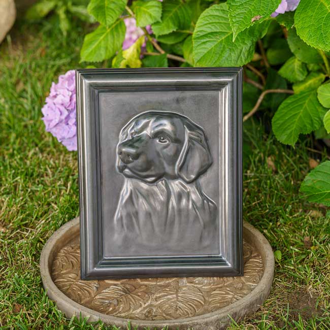 Labrador Dog Urn For Pet Ashes Mattr Black Garden Front View Zoomed Flowers