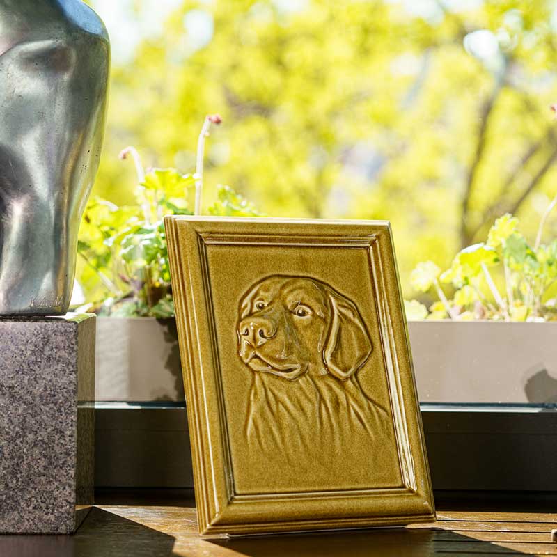 Labrador Dog Urn For Pet Ashes Side View Windowsill Dark Sand In Sunlight