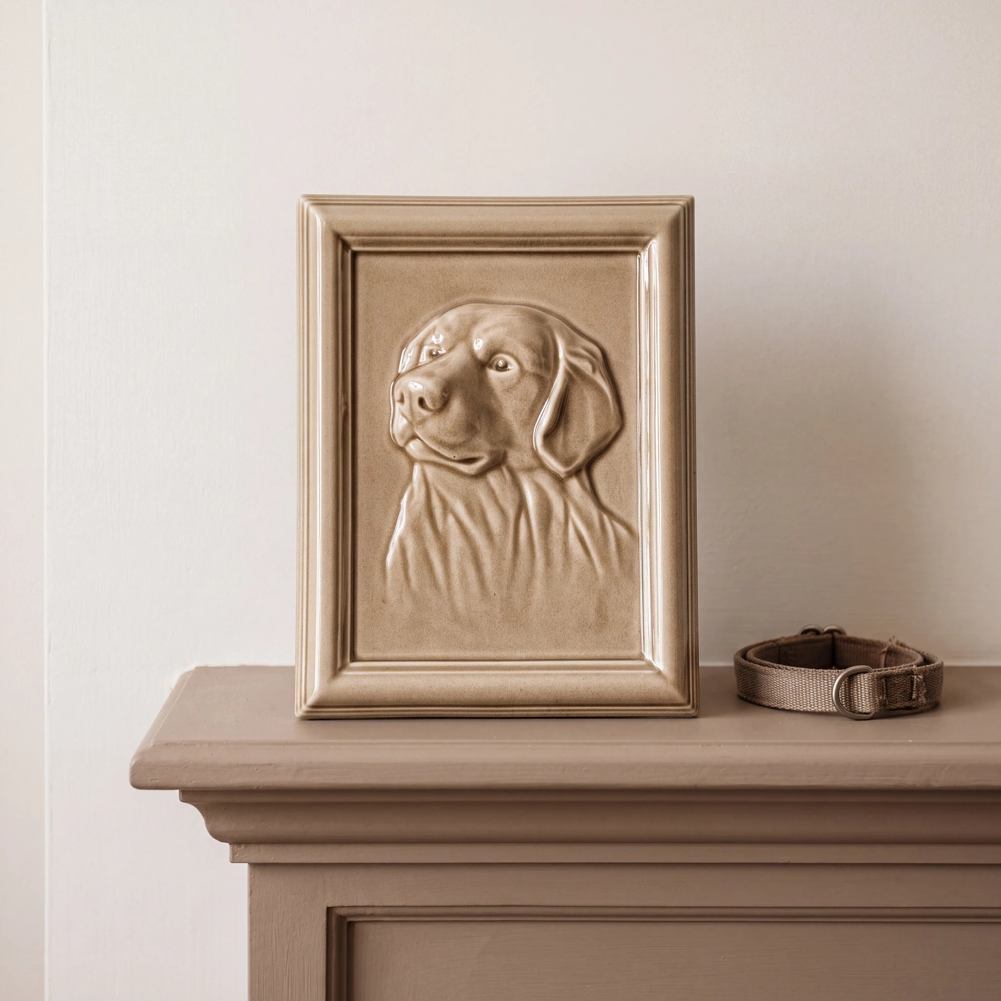 Labrador-Portrait-Dog-Urn-for-Ashes-in-Beige-On-the-Mantelpiece