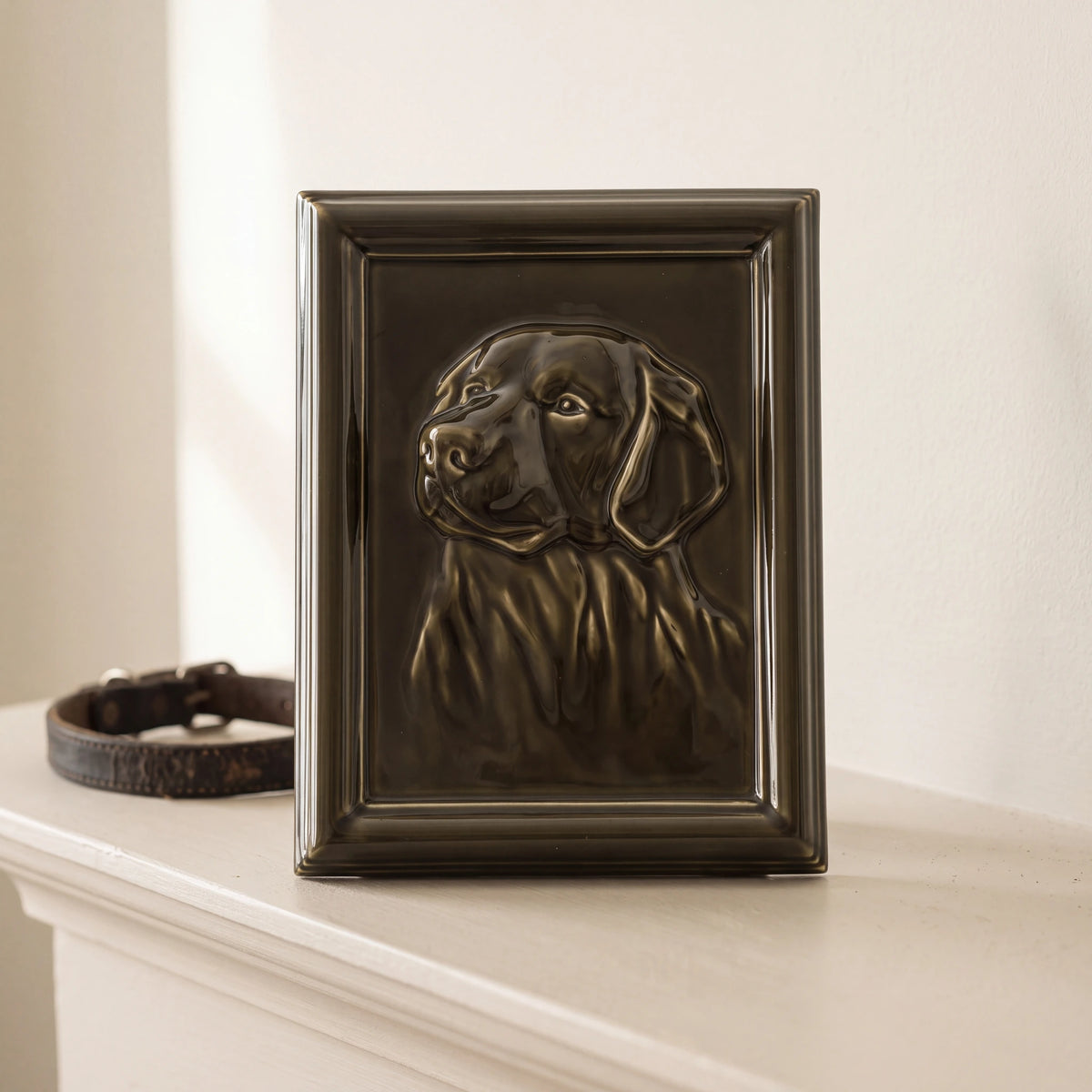 Labrador-Portrait-Dog-Urn-for-Ashes-in-Brown-On-the-Mantelpiece
