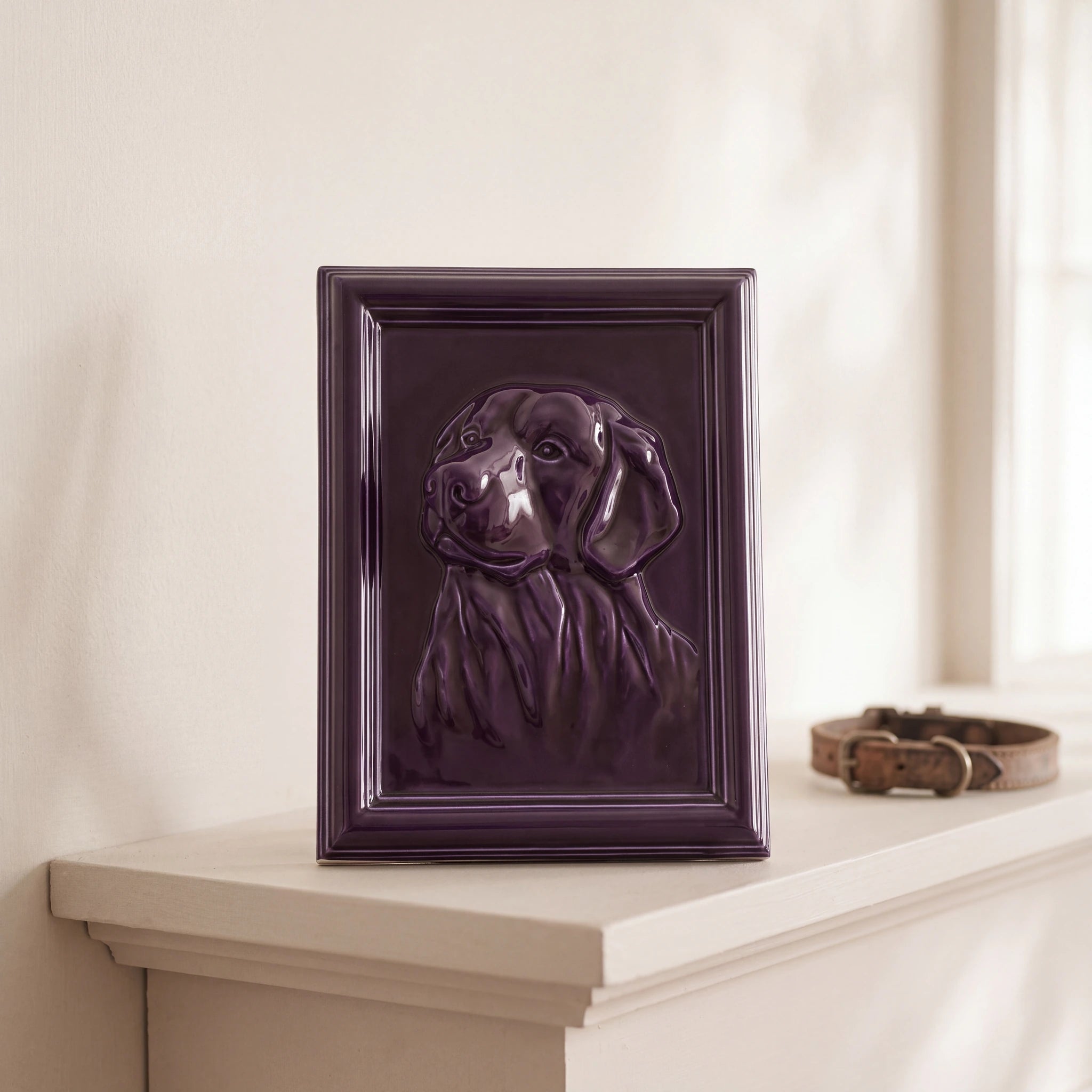 Labrador-Portrait-Dog-Urn-for-Ashes-in-Purple-On-the-Mantelpiece