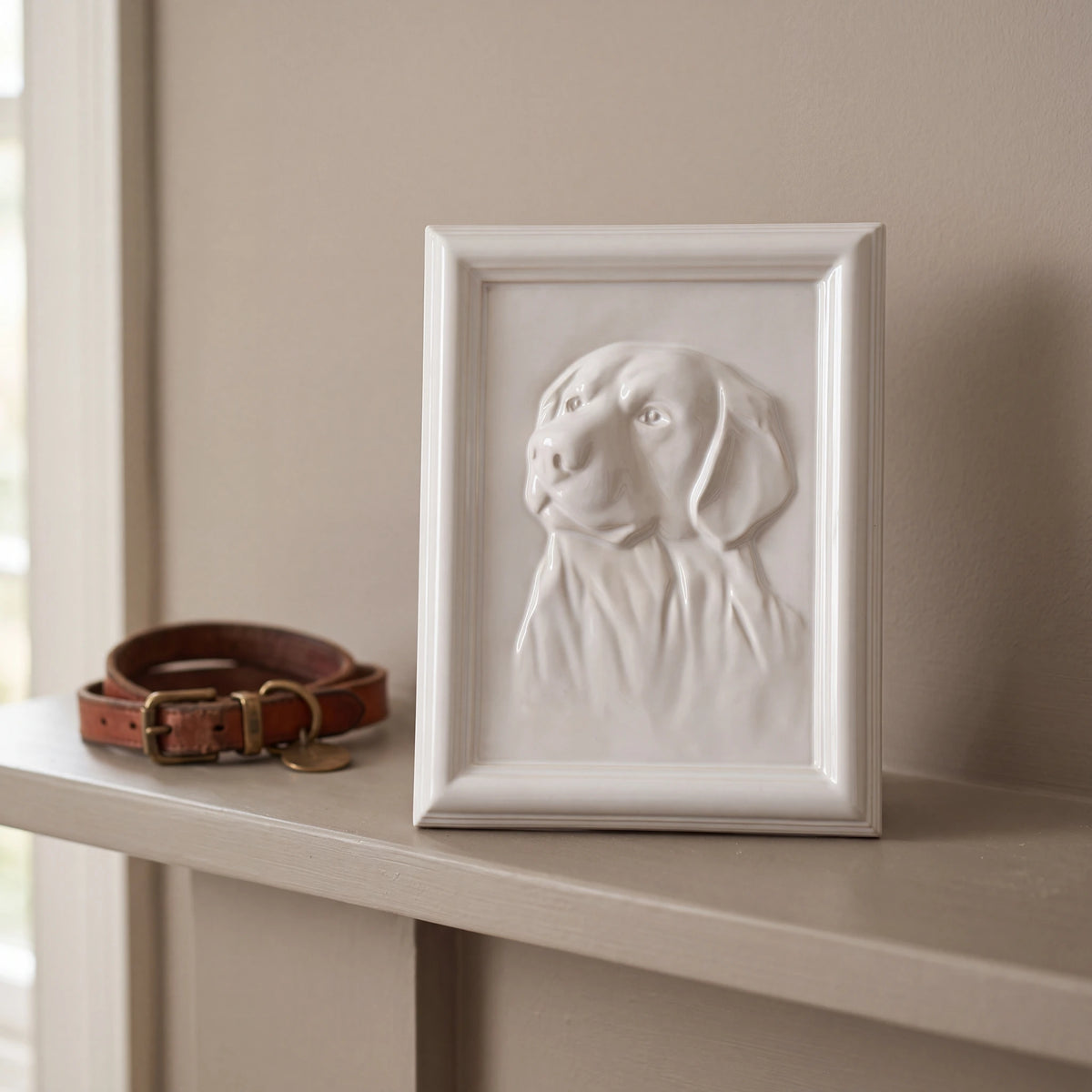 Labrador-Portrait-Dog-Urn-for-Ashes-in-White-On-the-Mantelpiece