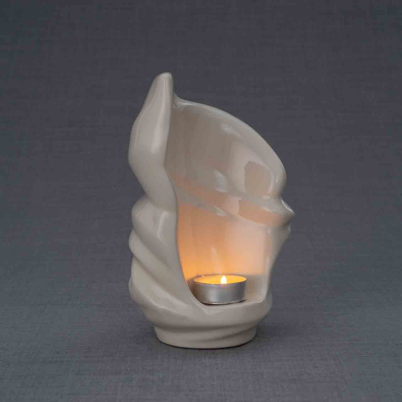 Light Ashes Keepsake Urn in Cream Turned Right Dark Background