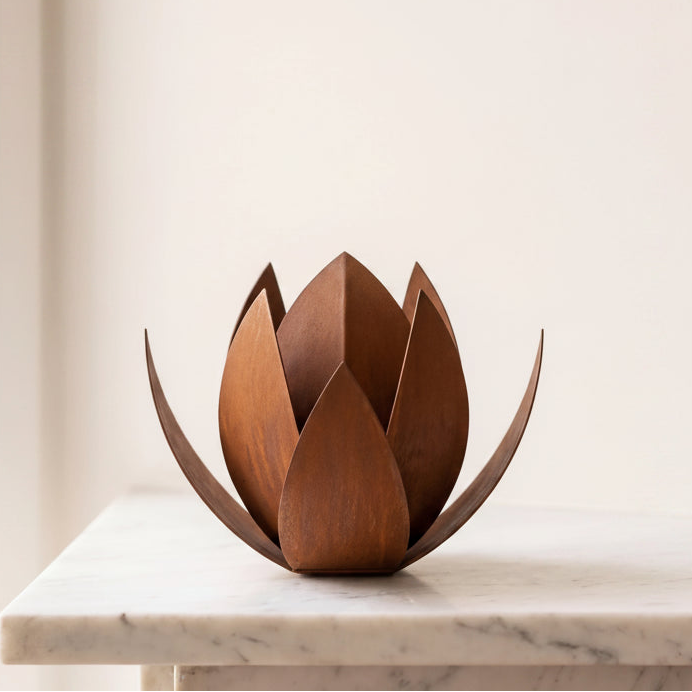 Lotus-Extra-Small-Urn-for-Ashes-in-Corten-Steel-Marble-Ledge