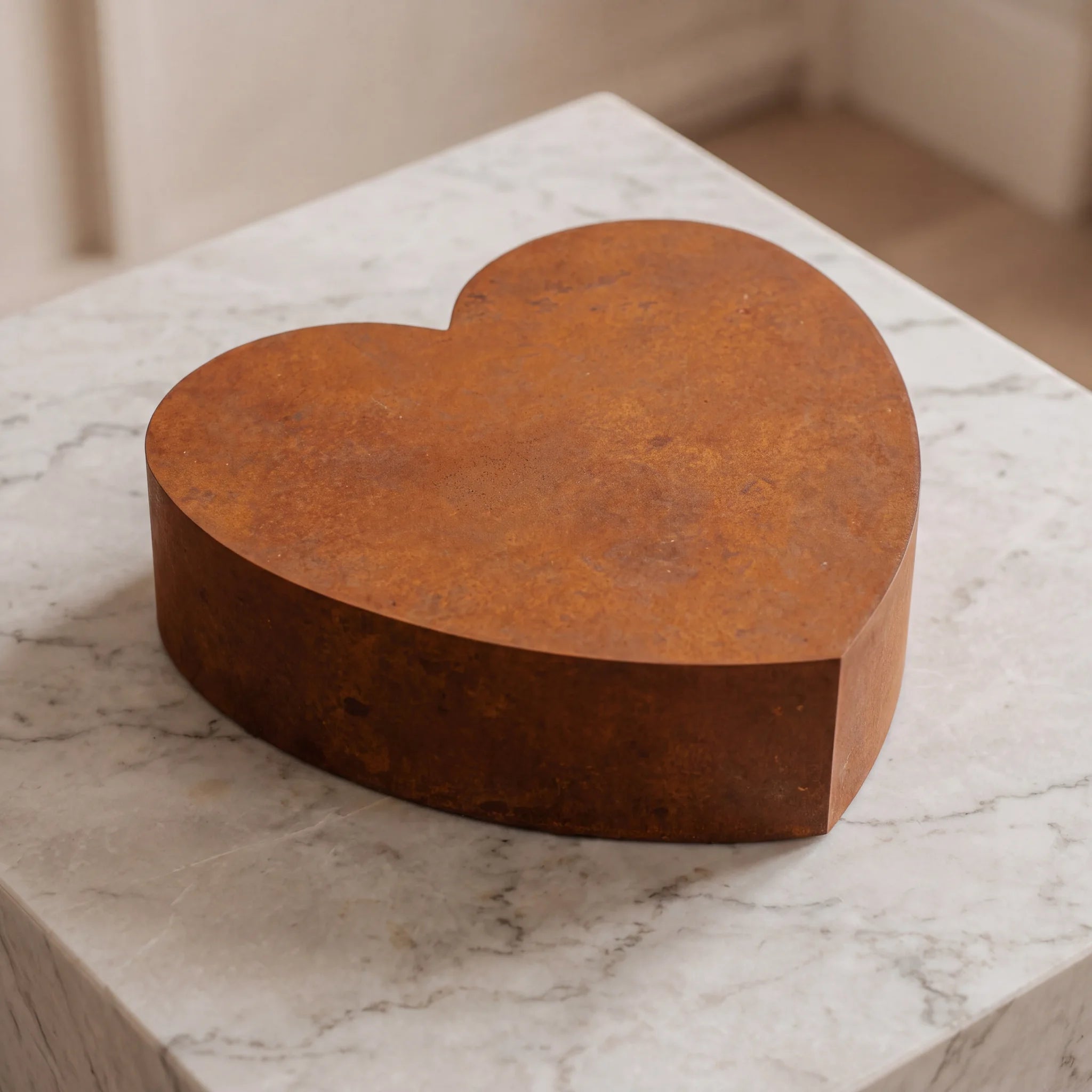 Love-Heart-Adult-Cremation-Urn-for-Ashes-in-Corten-Steel-On-Marble