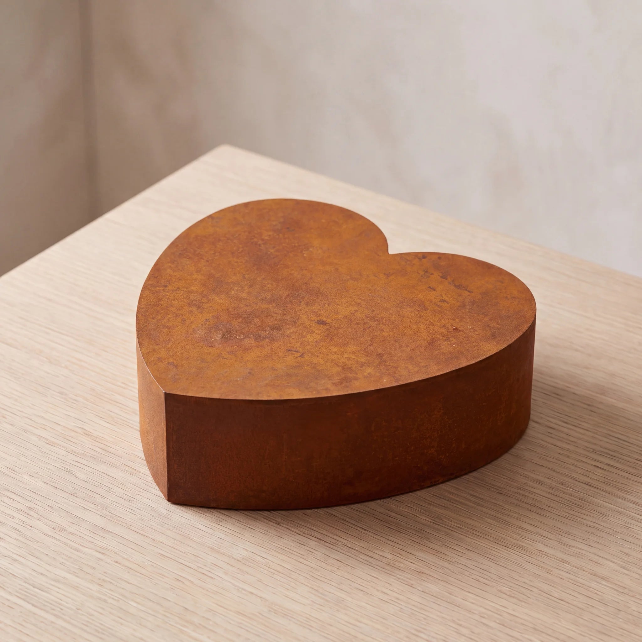 Love-Heart-Adult-Cremation-Urn-for-Ashes-in-Corten-Steel-On-Oak
