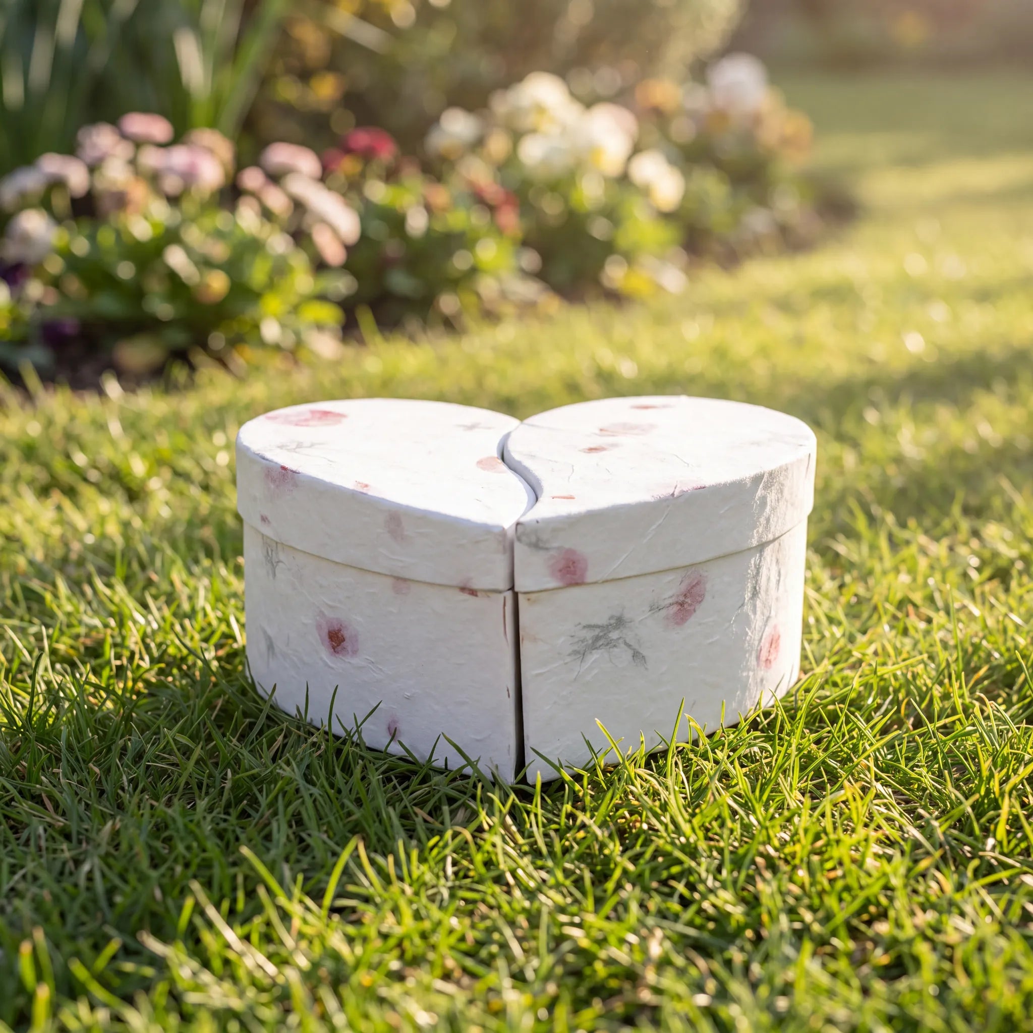 Love-Heart-Biodegradable-Urn-for-Ashes-in-Floral-Companion-Two-Piece-In-the-Garden