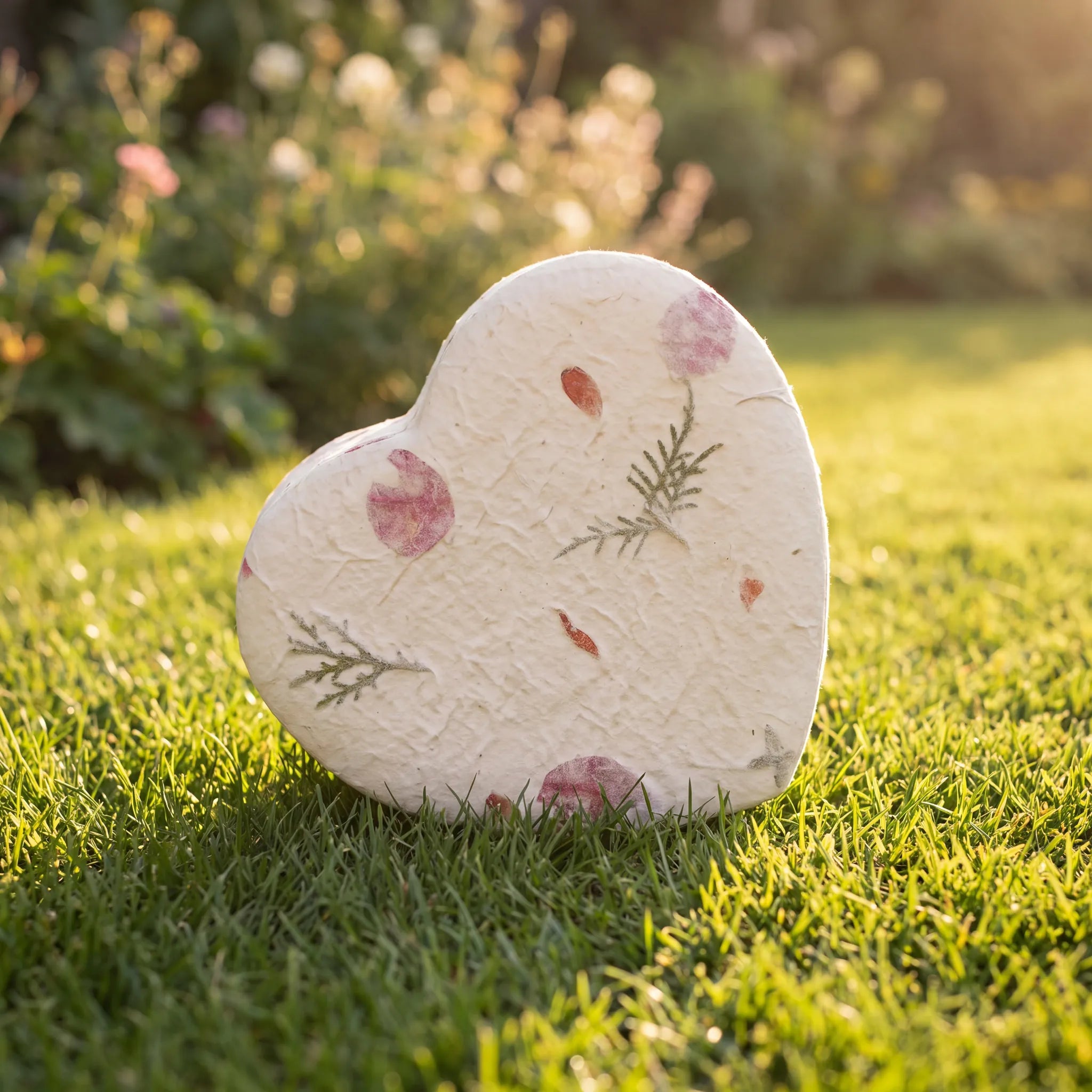 Love-Heart-Biodegradable-Urn-for-Ashes-in-Floral-Extra-Large-In-the-Garden