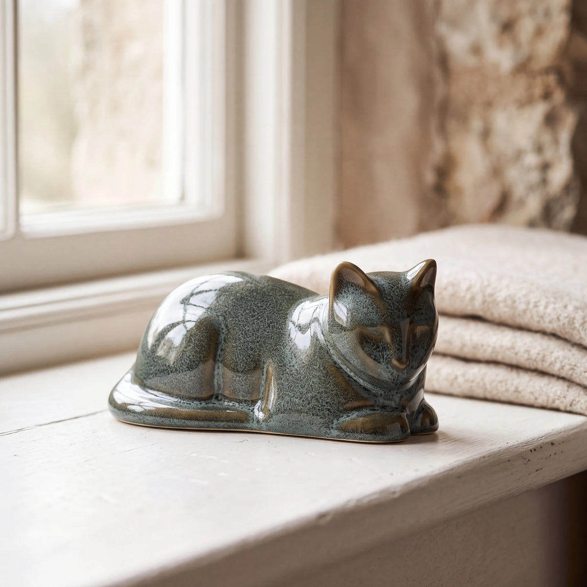 Lying-Cat-Mini-Urn-for-Ashes-in-Oily-Green-pet_sunny_sill