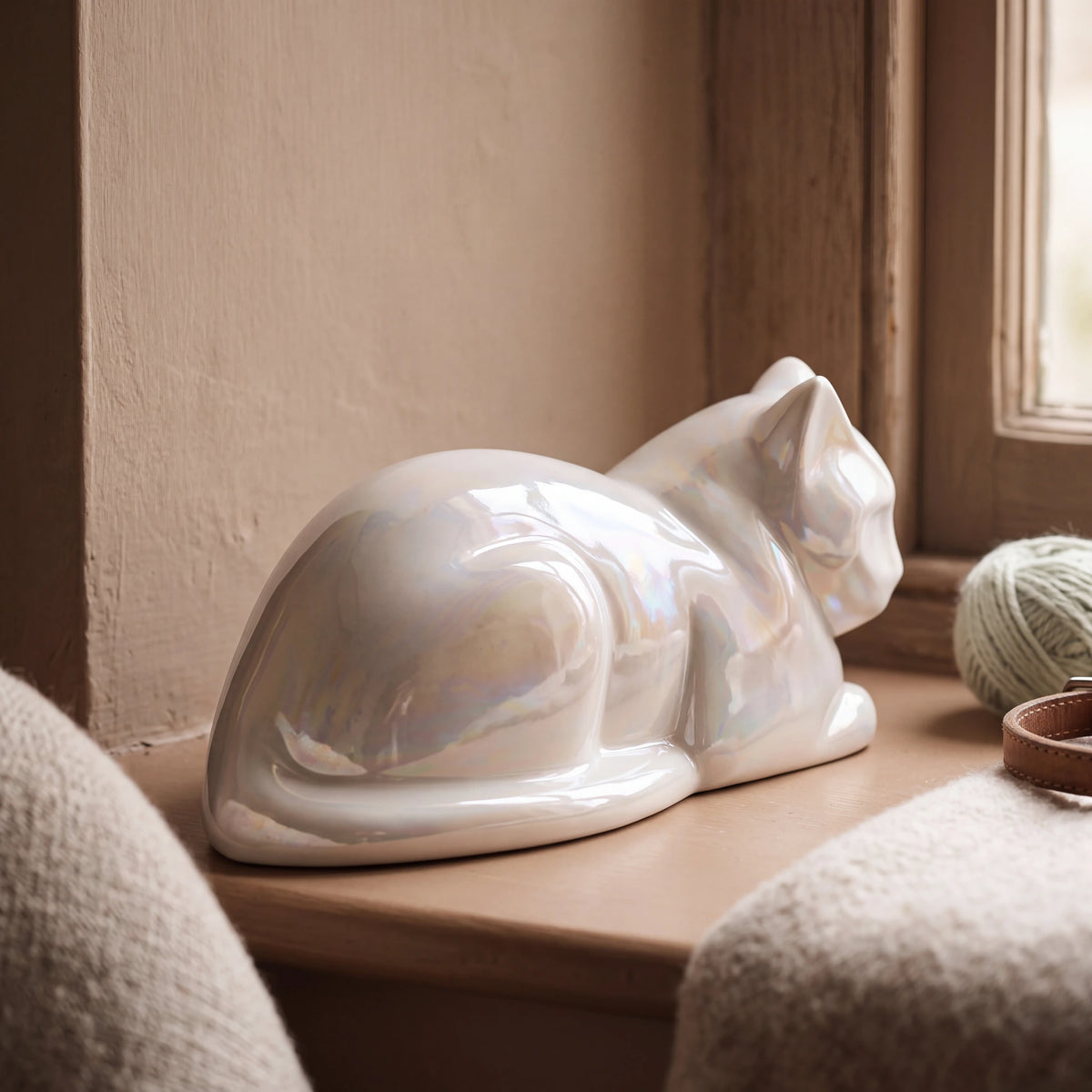 Lying-Cat-Urn-for-Ashes-in-Pearlescent-White-pet_sunny_sill