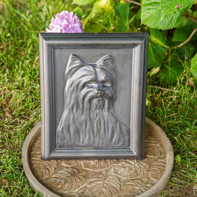 Male Yorkie Dog Urn For Pet Ashes Garden Front View Flowers